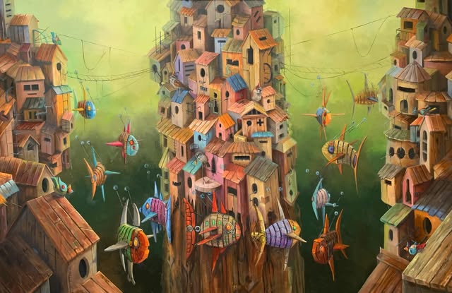 Hora punta, pintura de Manuel Luna: torres de casas y aves imaginarias sobre un fondo verde